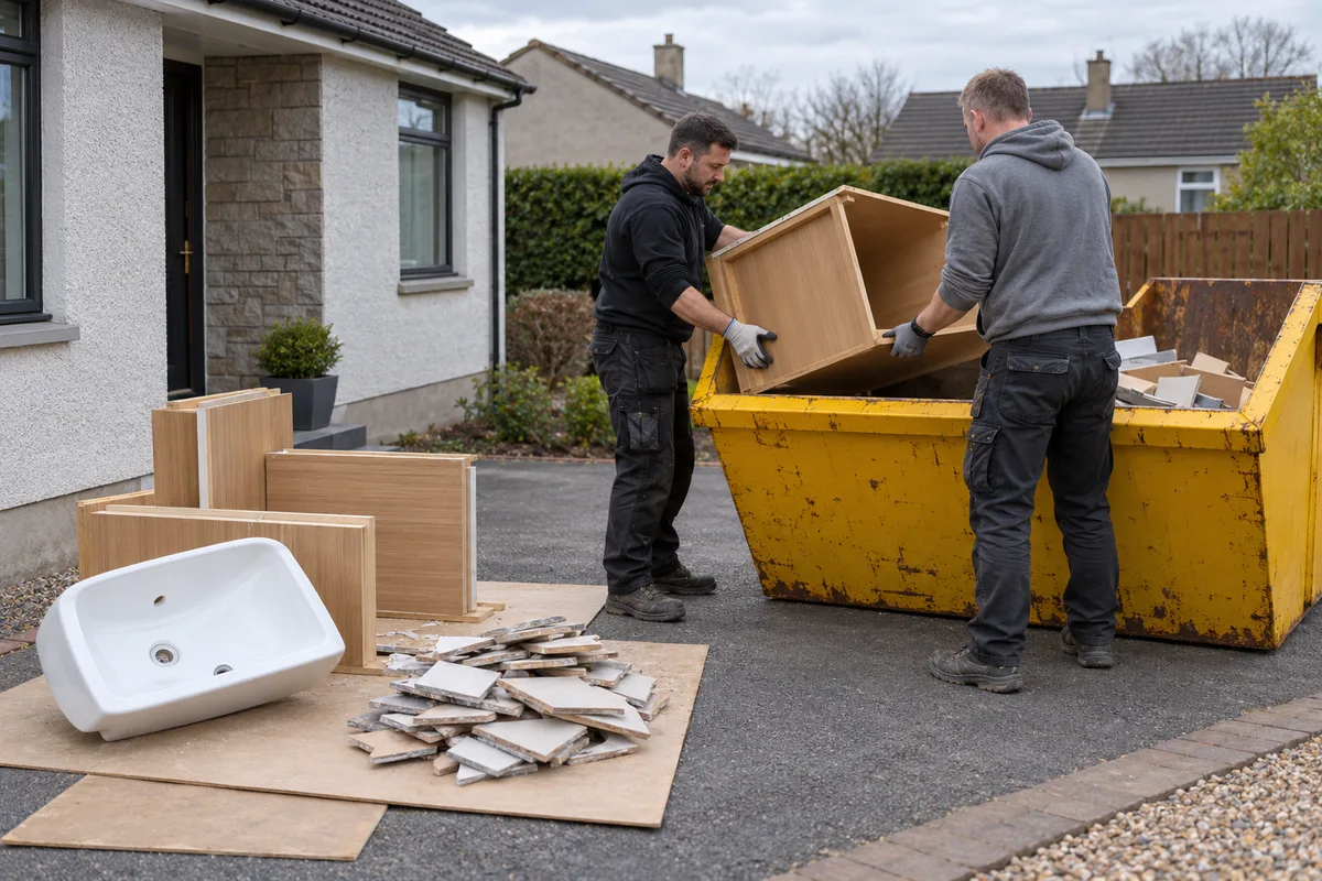 Bathroom renovation materials ready to be loaded into a skip