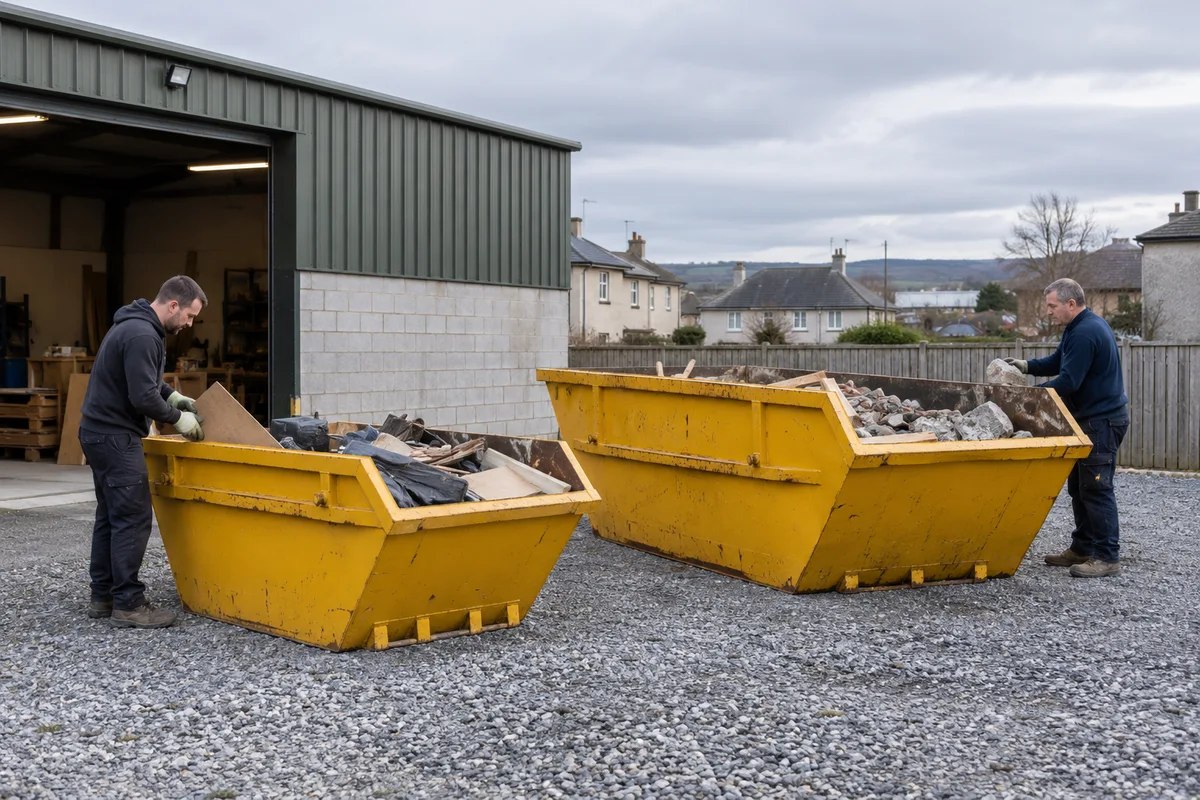 Compact and larger skips side by side on private ground