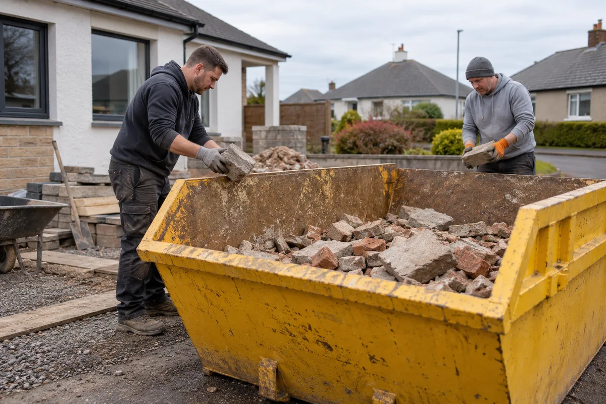 Shallow load of bricks and concrete in a builders skip