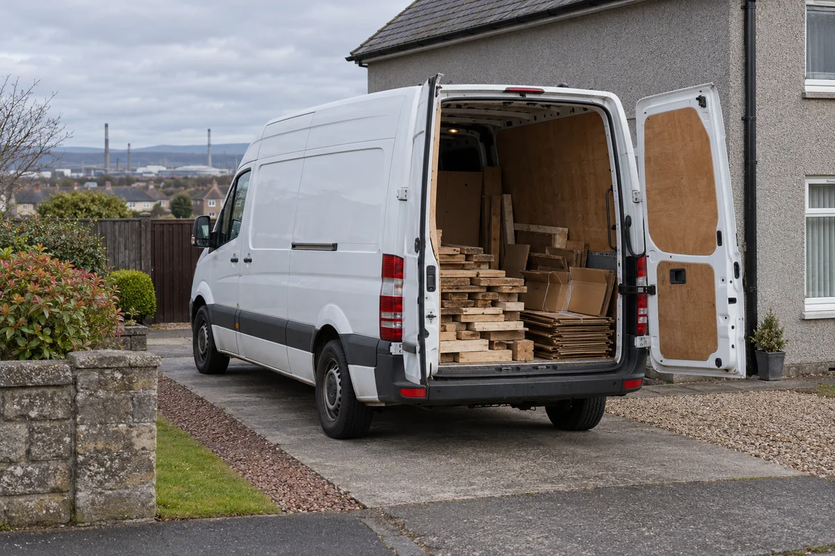 White waste collection van with timber and cardboard inside