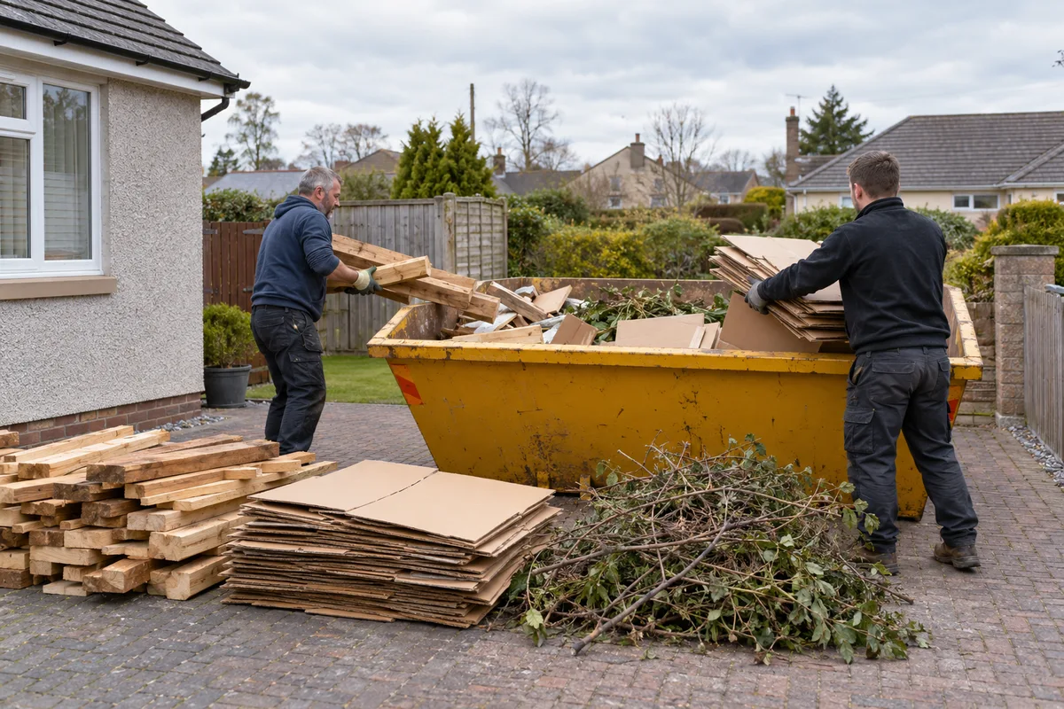 Timber, cardboard and garden cuttings sorted beside a skip