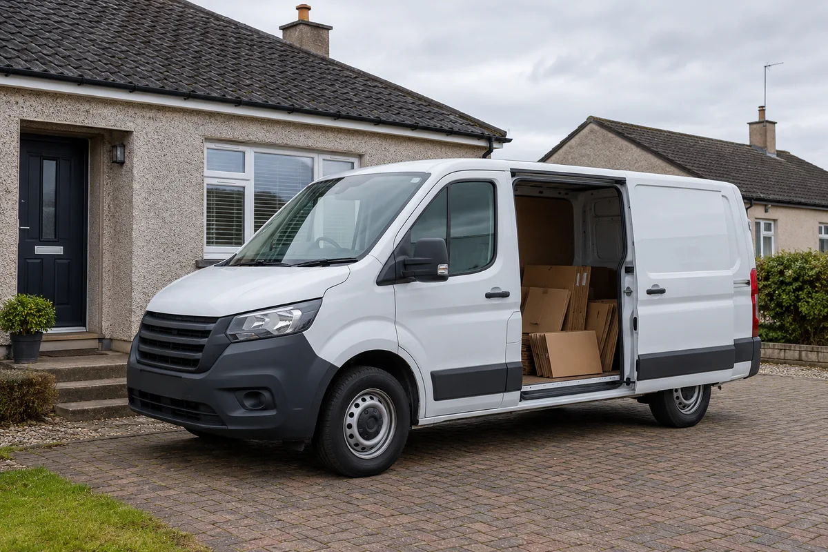 White van parked on a private driveway for waste loading